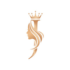 Initial J Beauty Queen Vector Logo - Elegant Woman Profile Silhouette Icon with Crown on Top.
