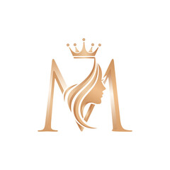 Initial M Beauty Queen Vector Logo - Elegant Woman Profile Silhouette Icon with Crown on Top.