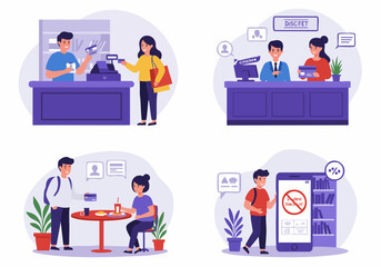 Student lifestyle benefits: cashless payments, movie tickets, cafe discounts, and exclusive mobile app offers illustration.