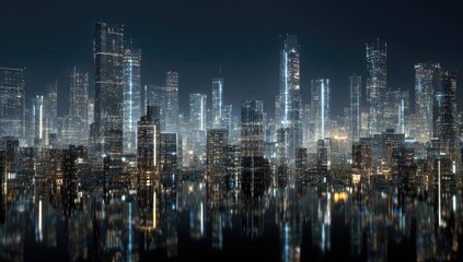 Obraz premium Futuristic city skyline at night, reflected on water