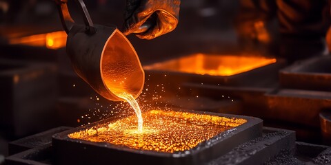 Pouring molten metal into molds for industrial casting and manufacturing processes
