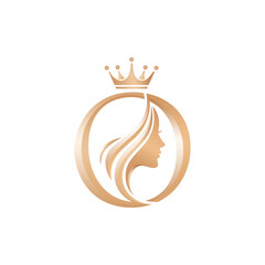 Initial O Beauty Queen Vector Logo - Elegant Woman Profile Silhouette Icon with Crown on Top.