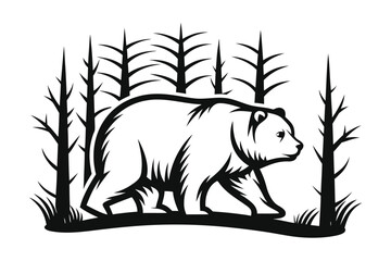 Walking Bear Silhouette in Forest Trees Minimalist on White Background
