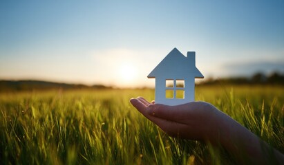 Hand holding a small house model, sunset over a field