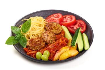 Meatballs with Spaghetti and Fresh Vegetables, isolated on white background.