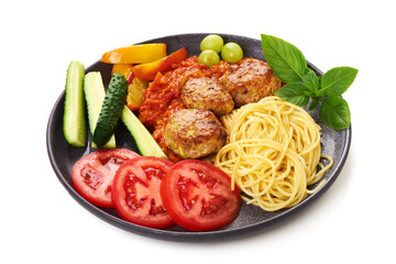 Meatballs with Spaghetti and Fresh Vegetables, isolated on white background.