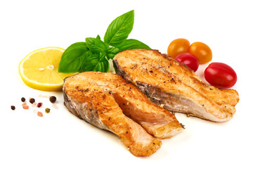 Grilled salmon Steak with Lemon, isolated on white background