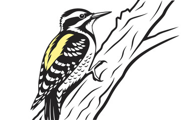 Hairy woodpecker perching on a tree branch isolated on white background