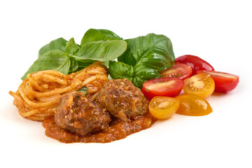 Meatballs witj Pasta, Basil and Tomatoes, isolated on white background