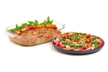 Baked Tomato Casserole, Salad with Tomatoes and Basil, isolated on white background
