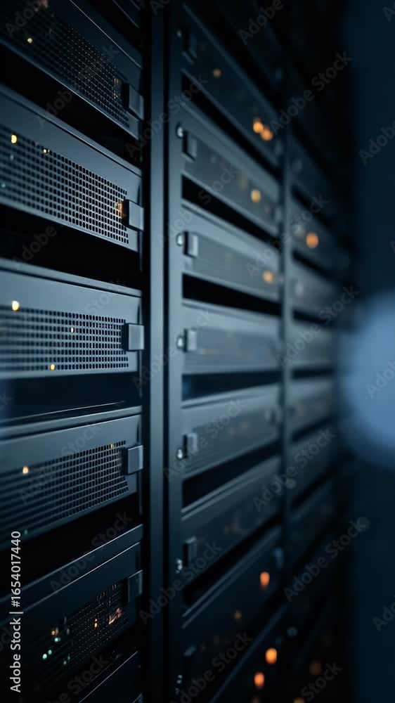 Poster realistic 3d render of server rack system with network connections in dark blue