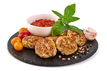 Meatballs with Tomato Sauce and Basil, isolated on white background.