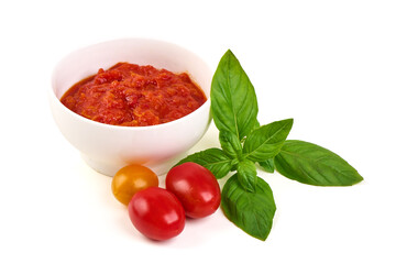 Tomato Sauce Bowl with Basil, isolated on white background.