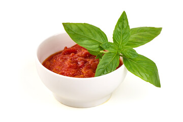 Tomato Sauce Bowl with Basil, isolated on white background