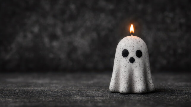 Lonely cute white ghost candle gives spooky light for halloween, minimal decoration on dark stone background with copy space for text