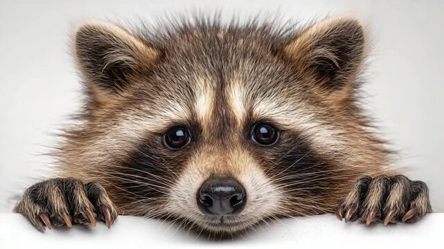Cute raccoon face with pointy claws, black eyes, fluffy fur on white background