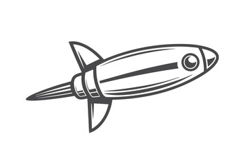 Isolated Gray Rocketship With Fin Details On White Background, Retro Style
