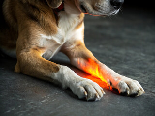 Close-up of a dog's painful-looking paws, illuminated with an orange glow
