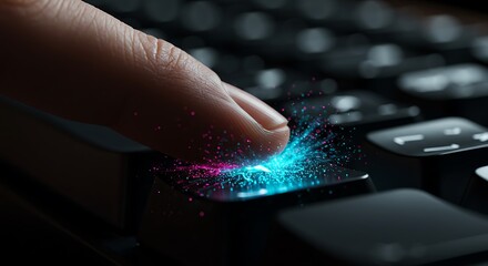 Fingertip pressing a keyboard key, sparking digital energy.