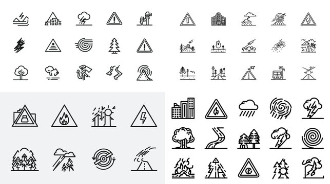Collection of natural hazard and warning sign icons featuring floods, storms, falling rocks, and fire. Modern outline design suitable for maps, apps, and environmental safety infographics.