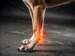 Dog's lower leg, highlighted with glowing red, indicating potential injury or pain in the tibia bone