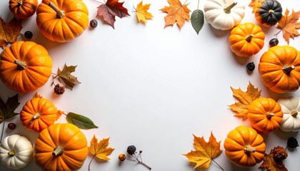 Celebrating autumn harvest with pumpkins and leaves rustic table setting seasonal decor warm atmosphere top-down view nature's bounty