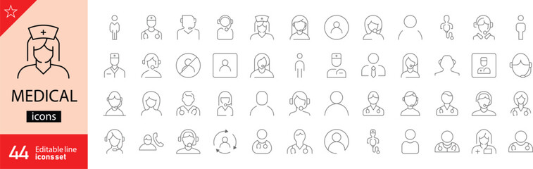 Medical related icon collections. Containing surgeons, dispatcher, nurses, medical assistants, healthcare and support staff. Editable stroke. Outline icons. Vector illustration.