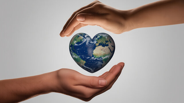 Two gentle hands cradle a heart shaped earth symbolizing global care and environmental protection