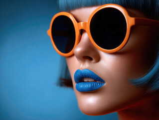 Blue lipstick orange sunglasses blue hair close up fashion modern bold makeup stylish vibrant confident beauty