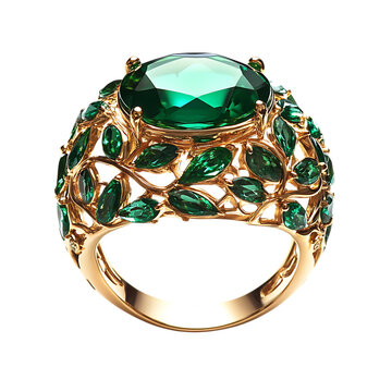 Elegant oval cut emerald gemstone ring with intricate gold filigree setting isolated on transparent background