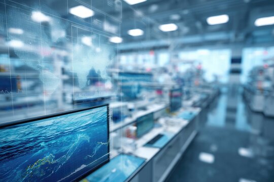 Modern electronics store, blurred interior view, overlaid data
