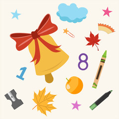 School set with bell, bow, numbers, pencil, crayon, marker, sharpener, protractor, paperclip, stars. For posters, classroom materials, worksheets and web banners.