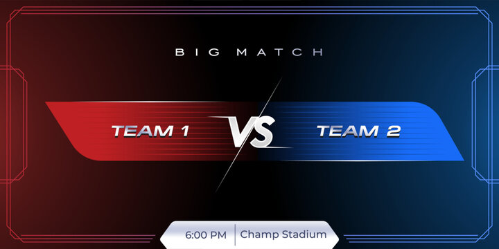 Versus VS scoreboard letters fight dark red and blue contestant in realistic style design with tech line concept. Dark gradient background with black red and blue color. Vector illustration.
