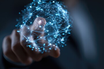 Hand touches a digital globe network