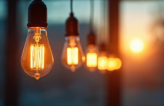 Warm glow from vintage Edison light bulbs hanging in row. Focus on filament, energy efficient lighting for modern homes. Soft bokeh background with sunset adds serene, cinematic aesthetic. - Powered by Adobe