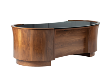 Curved walnut executive desk with glass top