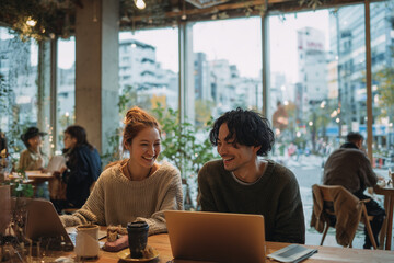 Young couple enjoying a cozy work session with laptops and coffee in a vibrant urban café with large windows