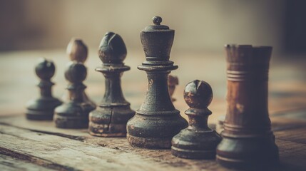 Chess pieces strategically placed on a weathered wooden table with warm vintage lighting.