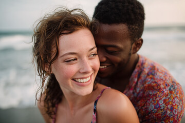 Fototapeta premium Happy interracial couple enjoying a romantic moment together at the beach with smiles and affection