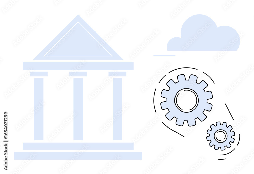 Aufkleber classical building with columns beside interlocking gears and a cloud. ideal for governance, technol