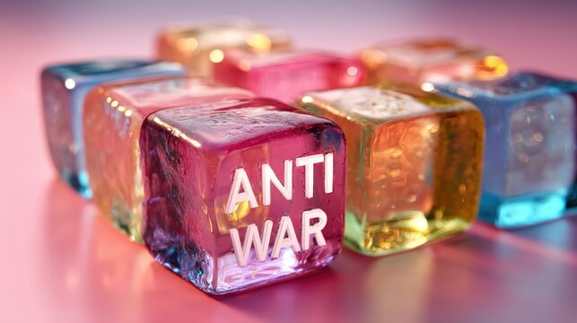 Anti war and peace concept, Colorful ice cubes with the text "ANTI WAR" in a creative arrangement. - Powered by Adobe