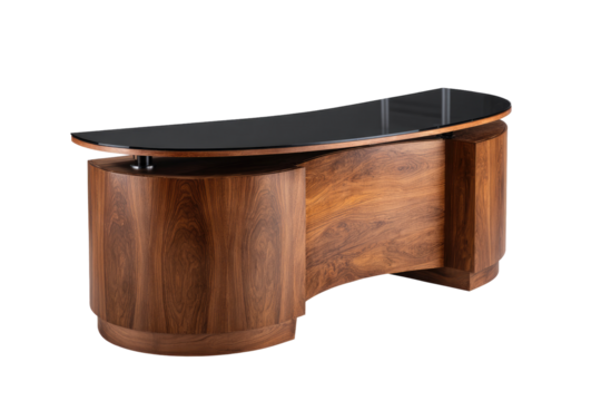 Curved walnut desk with glass top