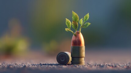 Anti war and peace concept, A bullet sprouting green leaves symbolizes growth and renewal.