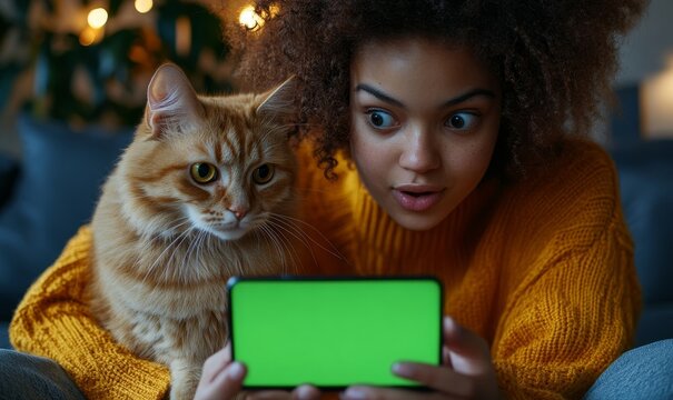 cat and its owner, a young woman, looking at a green screen on a mobile phone in their apartment. The woman appears surprised as they interact with the screen, capturing a moment, Generative AI