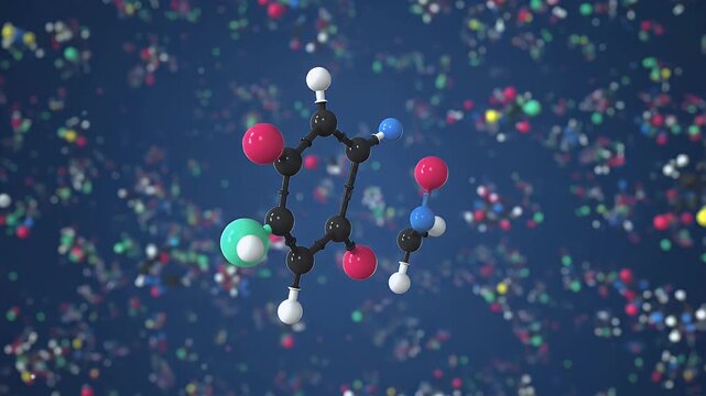Molecular structure on a dark blue background.  Colorful spheres represent atoms, interconnected by rods