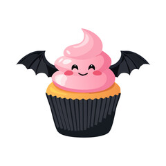 Vampire bat cupcake vector illustration. A cute and creepy cupcake with a vampire bat face and wings, great for Halloween parties.