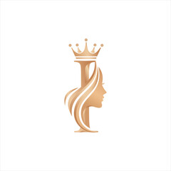 Initial I Beauty Queen Vector Logo - Elegant Woman Profile Silhouette Icon with Crown on Top.