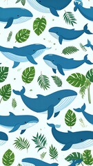 Obraz premium Cute whales and tropical leaves pattern