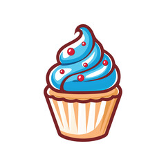 Stylized Blue Cupcake, Icon with Red Sprinkles on White Background