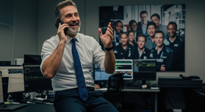 business executive on phone in modern office, smiling confidently with multiple computer screens displaying graphs, embracing teamwork and technology. vibrant professional setting depicts success. - Powered by Adobe